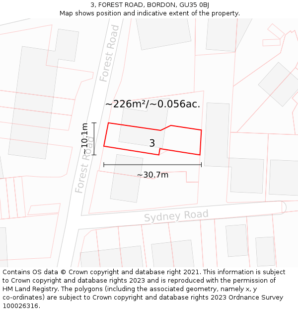 3, FOREST ROAD, BORDON, GU35 0BJ: Plot and title map