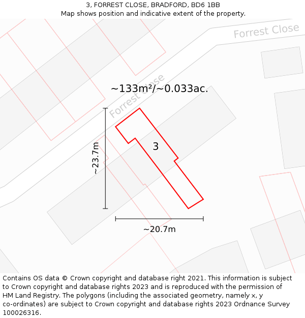 3, FORREST CLOSE, BRADFORD, BD6 1BB: Plot and title map