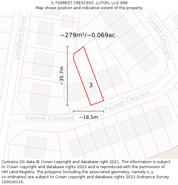 3, FORREST CRESCENT, LUTON, LU2 9AR: Plot and title map