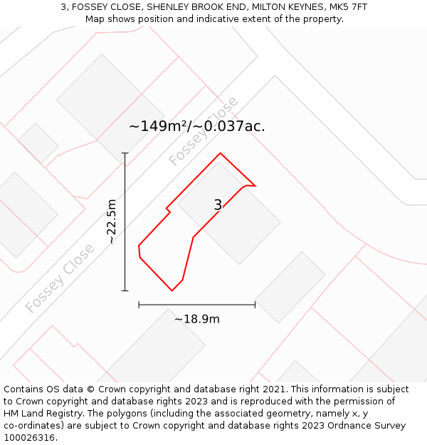 3, FOSSEY CLOSE, SHENLEY BROOK END, MILTON KEYNES, MK5 7FT: Plot and title map