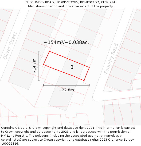 3, FOUNDRY ROAD, HOPKINSTOWN, PONTYPRIDD, CF37 2RA: Plot and title map