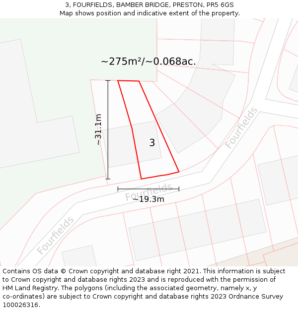 3, FOURFIELDS, BAMBER BRIDGE, PRESTON, PR5 6GS: Plot and title map