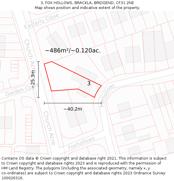 3, FOX HOLLOWS, BRACKLA, BRIDGEND, CF31 2NE: Plot and title map