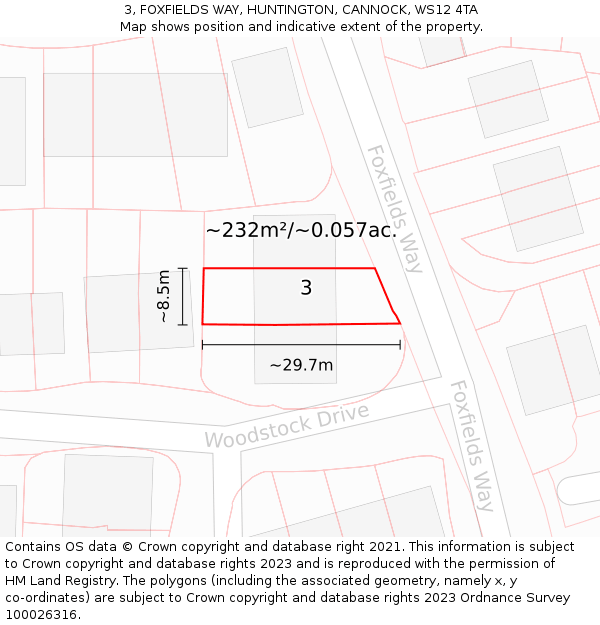3, FOXFIELDS WAY, HUNTINGTON, CANNOCK, WS12 4TA: Plot and title map