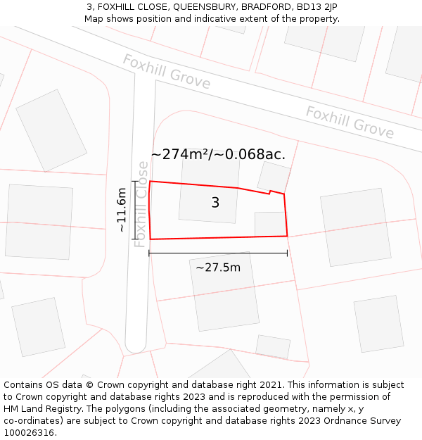 3, FOXHILL CLOSE, QUEENSBURY, BRADFORD, BD13 2JP: Plot and title map