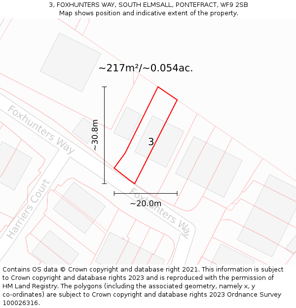 3, FOXHUNTERS WAY, SOUTH ELMSALL, PONTEFRACT, WF9 2SB: Plot and title map