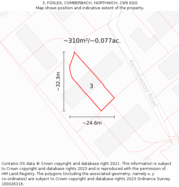 3, FOXLEA, COMBERBACH, NORTHWICH, CW9 6QG: Plot and title map