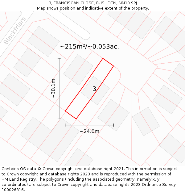 3, FRANCISCAN CLOSE, RUSHDEN, NN10 9PJ: Plot and title map