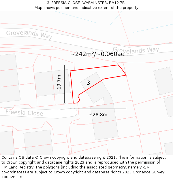 3, FREESIA CLOSE, WARMINSTER, BA12 7RL: Plot and title map