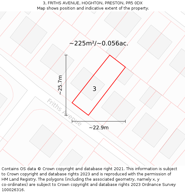 3, FRITHS AVENUE, HOGHTON, PRESTON, PR5 0DX: Plot and title map