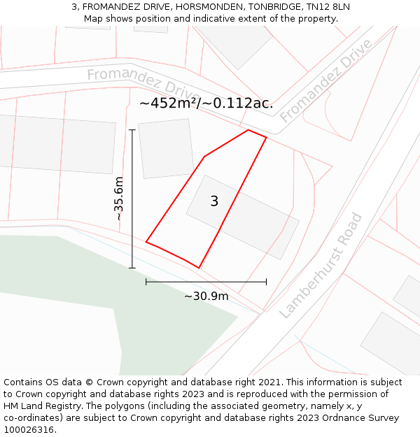 3, FROMANDEZ DRIVE, HORSMONDEN, TONBRIDGE, TN12 8LN: Plot and title map
