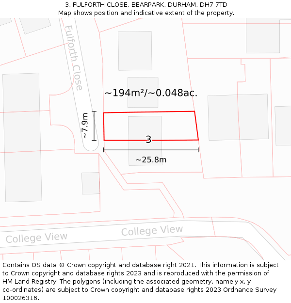 3, FULFORTH CLOSE, BEARPARK, DURHAM, DH7 7TD: Plot and title map