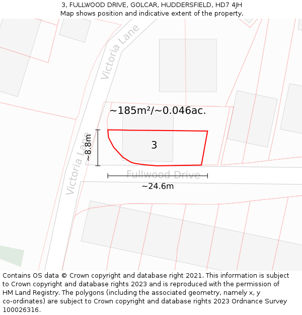 3, FULLWOOD DRIVE, GOLCAR, HUDDERSFIELD, HD7 4JH: Plot and title map