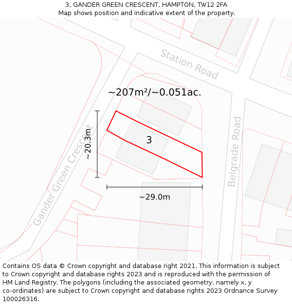 3, GANDER GREEN CRESCENT, HAMPTON, TW12 2FA: Plot and title map