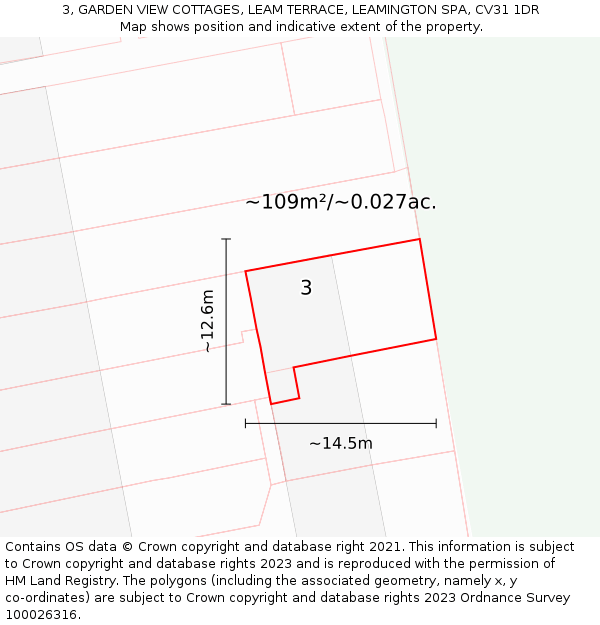 3, GARDEN VIEW COTTAGES, LEAM TERRACE, LEAMINGTON SPA, CV31 1DR: Plot and title map