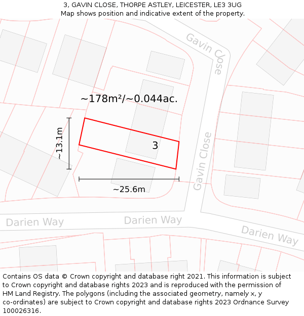 3, GAVIN CLOSE, THORPE ASTLEY, LEICESTER, LE3 3UG: Plot and title map