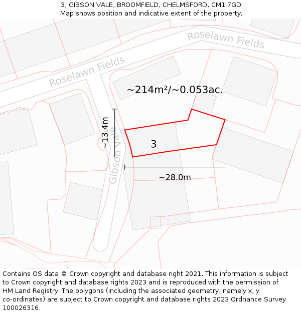 3, GIBSON VALE, BROOMFIELD, CHELMSFORD, CM1 7GD: Plot and title map