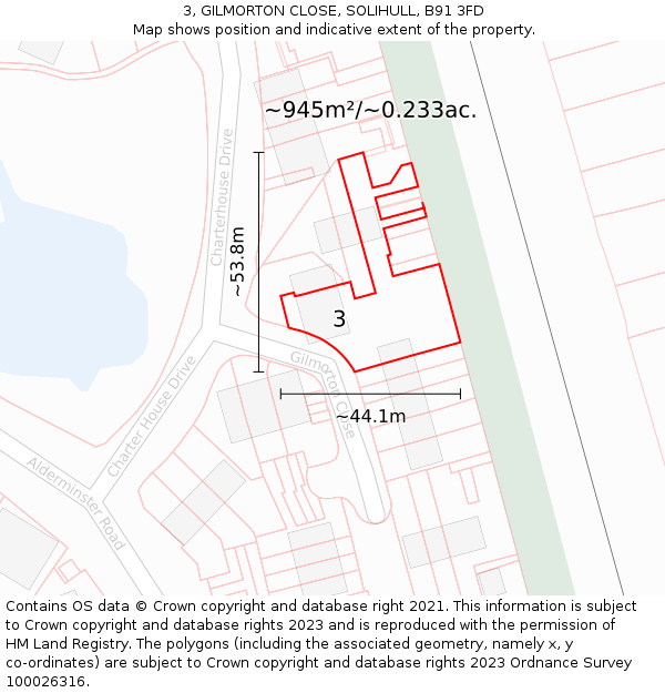 3, GILMORTON CLOSE, SOLIHULL, B91 3FD: Plot and title map