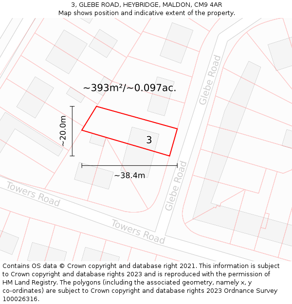 3, GLEBE ROAD, HEYBRIDGE, MALDON, CM9 4AR: Plot and title map
