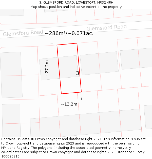 3, GLEMSFORD ROAD, LOWESTOFT, NR32 4RH: Plot and title map