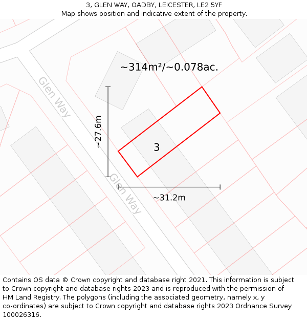 3, GLEN WAY, OADBY, LEICESTER, LE2 5YF: Plot and title map