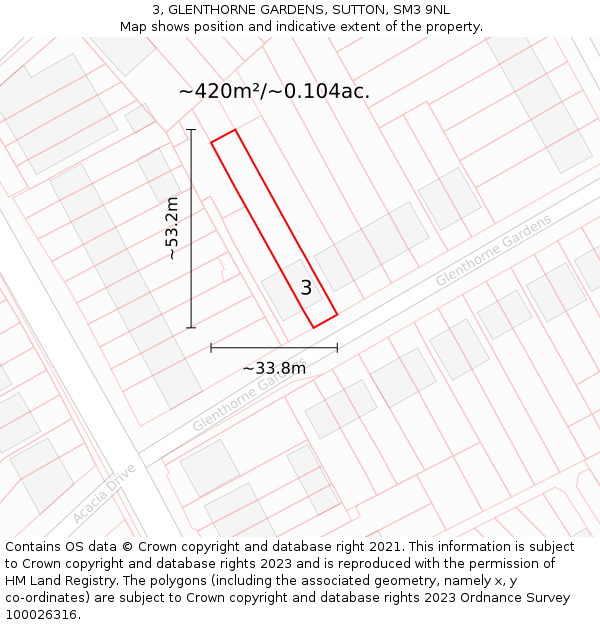 3, GLENTHORNE GARDENS, SUTTON, SM3 9NL: Plot and title map