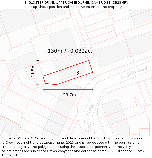3, GLOSTER DRIVE, UPPER CAMBOURNE, CAMBRIDGE, CB23 6FA: Plot and title map