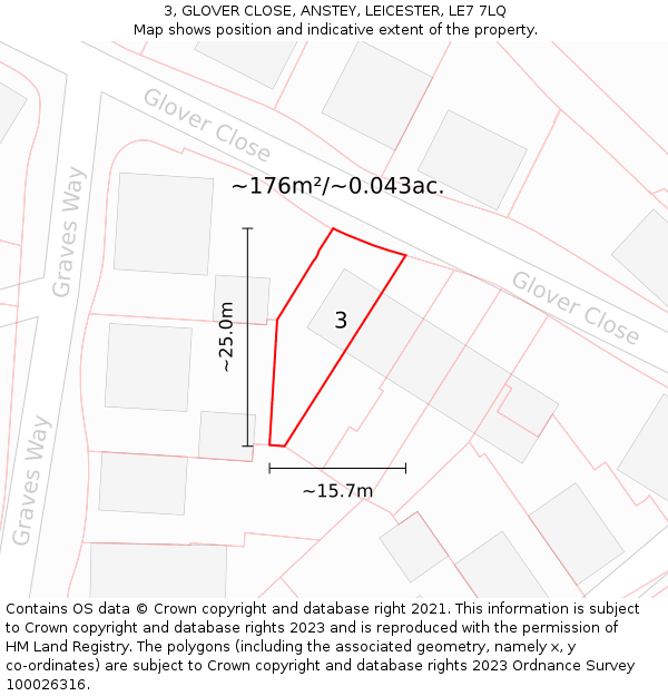 3, GLOVER CLOSE, ANSTEY, LEICESTER, LE7 7LQ: Plot and title map