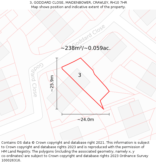 3, GODDARD CLOSE, MAIDENBOWER, CRAWLEY, RH10 7HR: Plot and title map