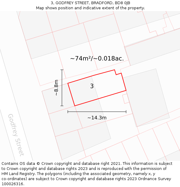 3, GODFREY STREET, BRADFORD, BD8 0JB: Plot and title map
