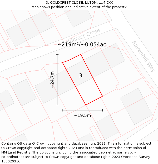 3, GOLDCREST CLOSE, LUTON, LU4 0XX: Plot and title map