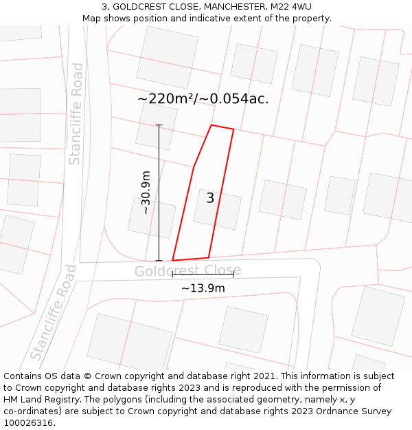 3, GOLDCREST CLOSE, MANCHESTER, M22 4WU: Plot and title map