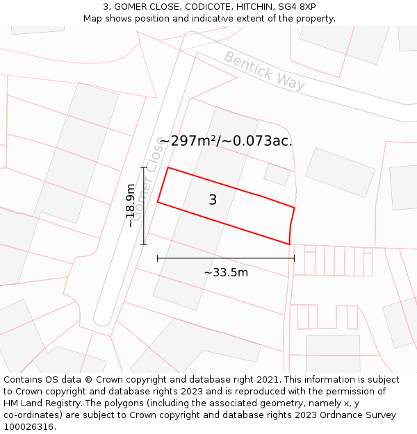 3, GOMER CLOSE, CODICOTE, HITCHIN, SG4 8XP: Plot and title map