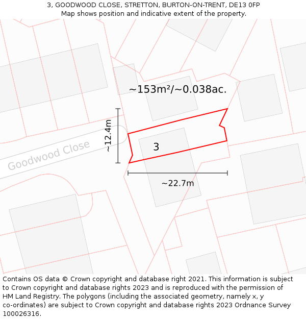 3, GOODWOOD CLOSE, STRETTON, BURTON-ON-TRENT, DE13 0FP: Plot and title map