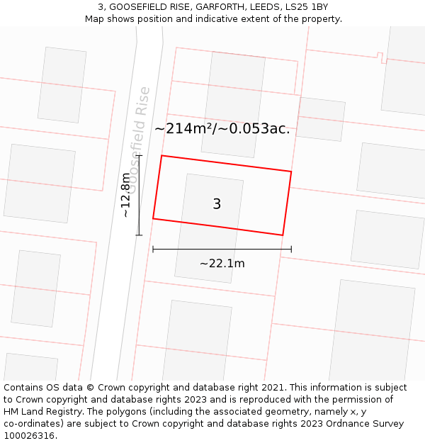 3, GOOSEFIELD RISE, GARFORTH, LEEDS, LS25 1BY: Plot and title map