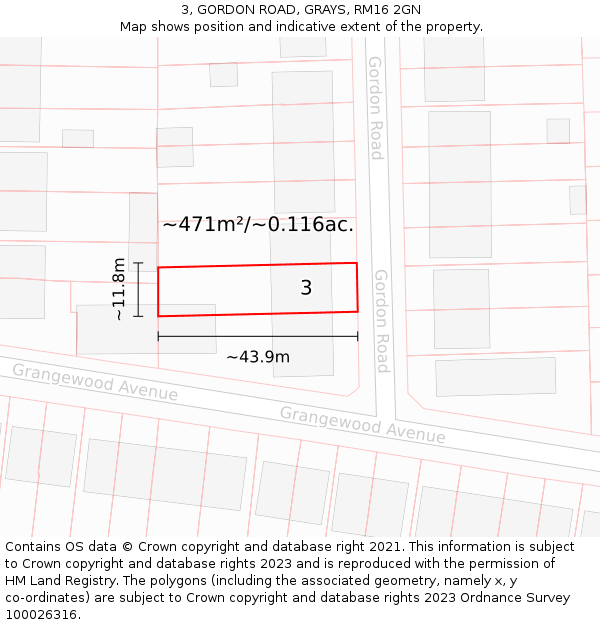 3, GORDON ROAD, GRAYS, RM16 2GN: Plot and title map