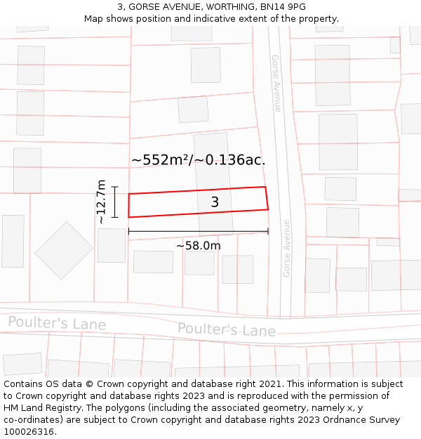3, GORSE AVENUE, WORTHING, BN14 9PG: Plot and title map