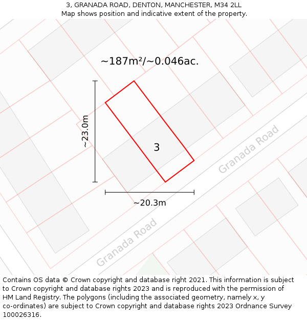 3, GRANADA ROAD, DENTON, MANCHESTER, M34 2LL: Plot and title map