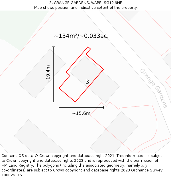 3, GRANGE GARDENS, WARE, SG12 9NB: Plot and title map