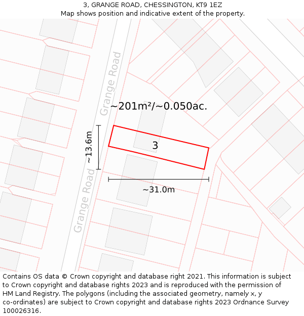 3, GRANGE ROAD, CHESSINGTON, KT9 1EZ: Plot and title map