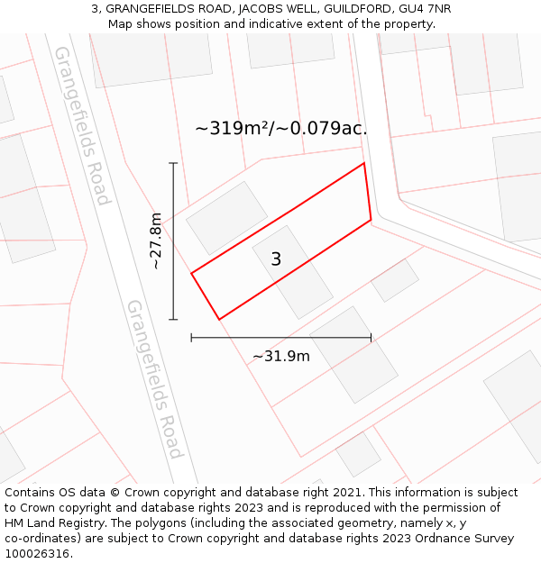 3, GRANGEFIELDS ROAD, JACOBS WELL, GUILDFORD, GU4 7NR: Plot and title map