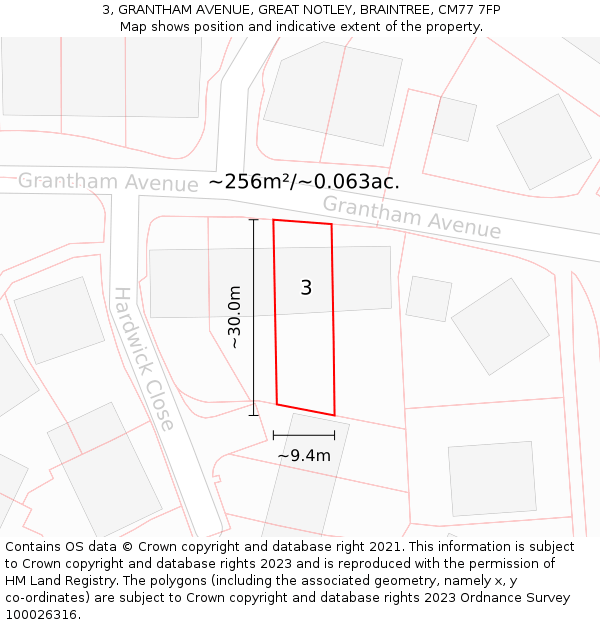 3, GRANTHAM AVENUE, GREAT NOTLEY, BRAINTREE, CM77 7FP: Plot and title map