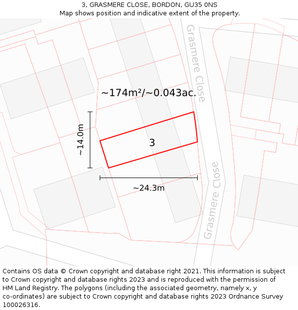 3, GRASMERE CLOSE, BORDON, GU35 0NS: Plot and title map