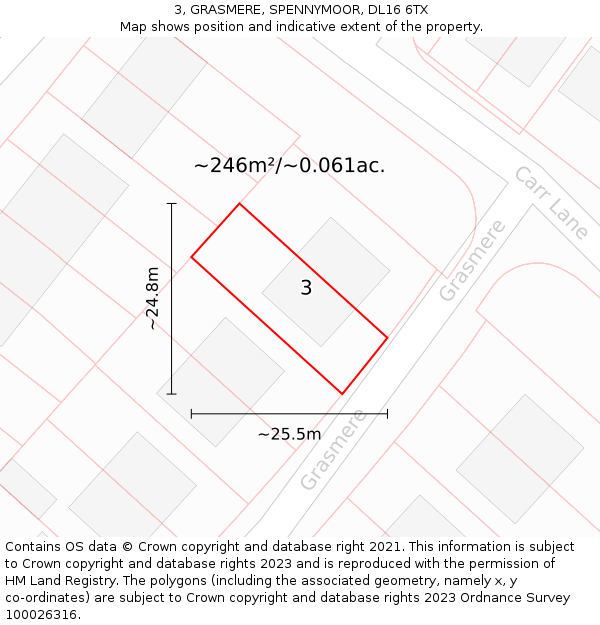 3, GRASMERE, SPENNYMOOR, DL16 6TX: Plot and title map