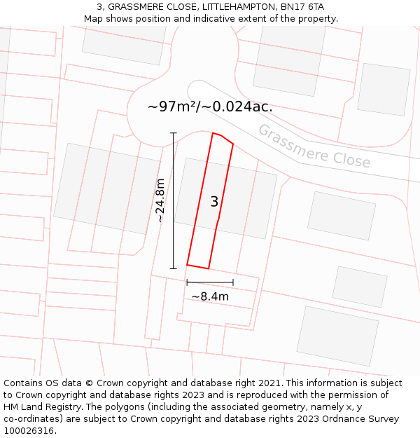 3, GRASSMERE CLOSE, LITTLEHAMPTON, BN17 6TA: Plot and title map