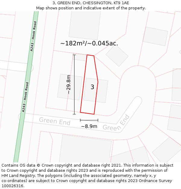 3, GREEN END, CHESSINGTON, KT9 1AE: Plot and title map