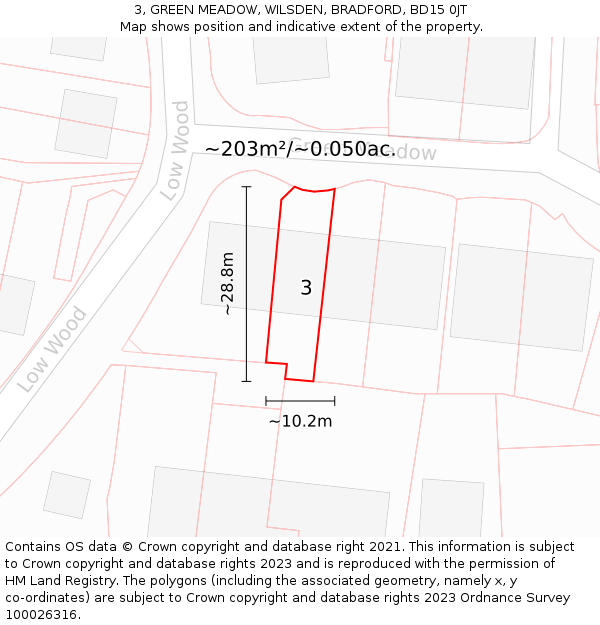 3, GREEN MEADOW, WILSDEN, BRADFORD, BD15 0JT: Plot and title map