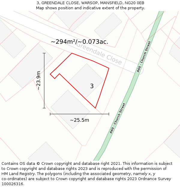 3, GREENDALE CLOSE, WARSOP, MANSFIELD, NG20 0EB: Plot and title map