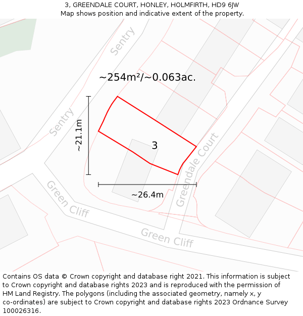 3, GREENDALE COURT, HONLEY, HOLMFIRTH, HD9 6JW: Plot and title map