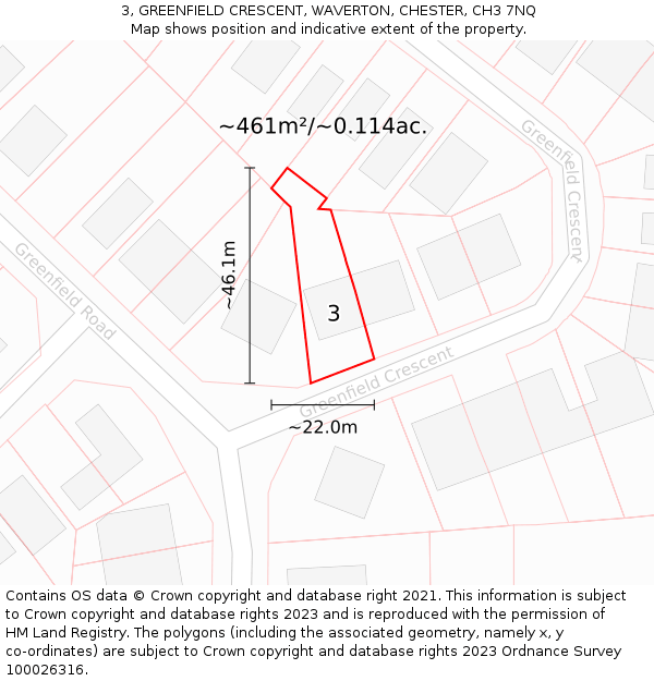 3, GREENFIELD CRESCENT, WAVERTON, CHESTER, CH3 7NQ: Plot and title map